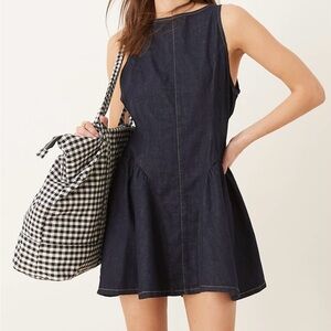 ASOS DESIGN denim mini dress with gathered hip panels in indigo rinse